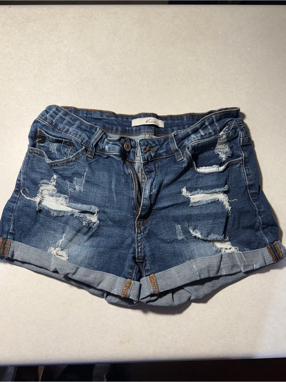 KanCan Distressed Dark Blue Rolled-Hem Jean Shorts
